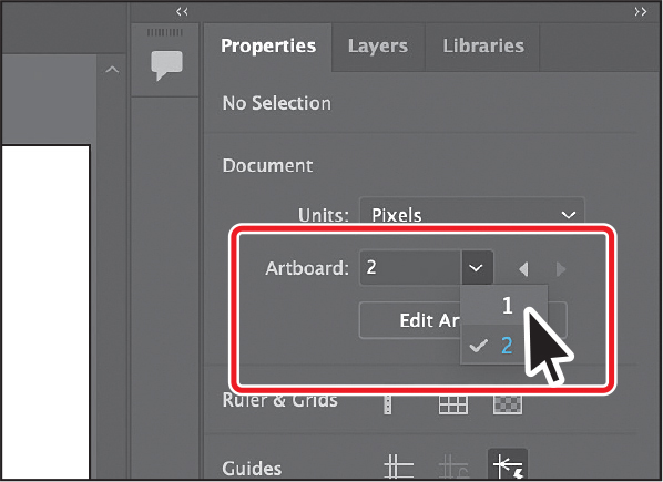 A screenshot shows the art board menu in the properties panel. The following are the details highlighted. Art board, 2. Edit Art board, 2.