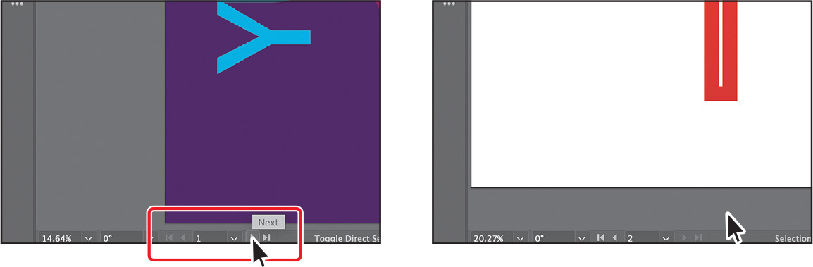 Two screenshots are shown. Screen 1 shows the status bar in which the next navigation button is highlighted. Screen 2 shows the next art board in the document window.