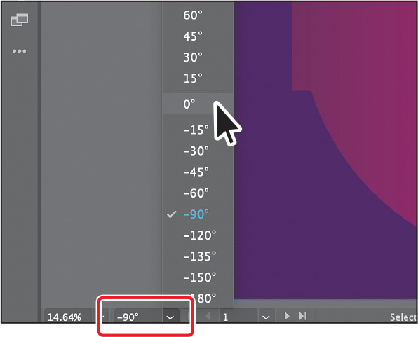 A screenshot shows the status bar of the illustrator window. The canvas rotation value is given as 90 degrees. It is highlighted.