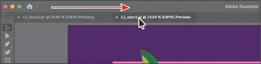 A screenshot shows the illustrator window. Two tabs are open in the window. The first tab is titled L 1 underscore start 1 dot a I and the second tab is titled L 1 underscore start 2 dot a i. The first tab is moved to the right of the second tab by clicking and dragging.