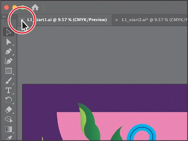 A screenshot shows the illustrator window. Two tabs are open in the window. The first tab is titled L 1 underscore start 2 dot a I and the second tab is titled L 1 underscore start 1 dot a i. Both tabs has close buttons on their top-left. The close button of the first tab is highlighted.