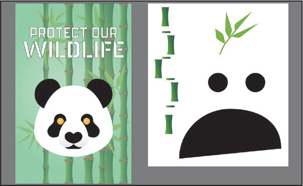 A screenshot shows two screens. Screen 1 shows a panda. Bamboo trees are shown in the background. The text above reads, protect our wildlife. Screen 2 shows an irregularly drawn tree, leaves, and the eyes of the panda.