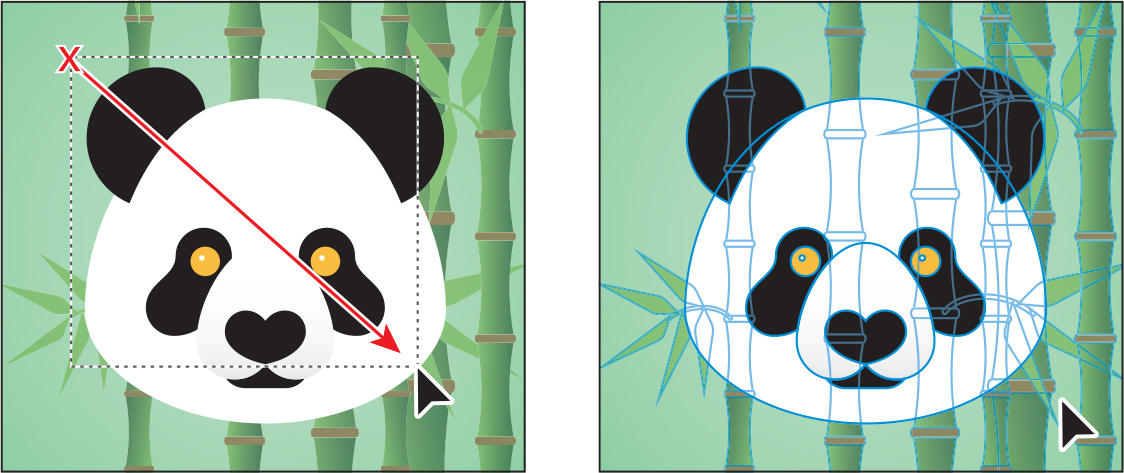 Two screenshots are shown. Screen 1 shows selecting the face of the panda across. Screen 2 shows the outline of the face of the panda along with the trees behind.