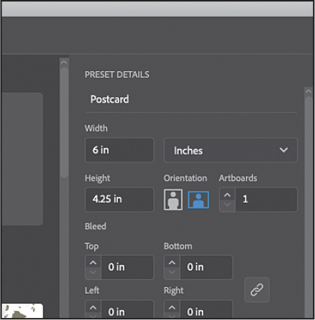 A screenshot shows the preset details area of the new document dialog box. The name for the document is given as postcard. The units are chosen as inches.