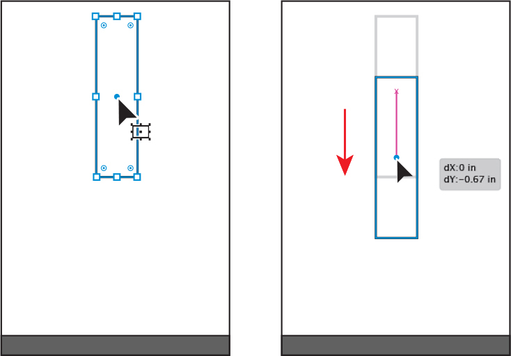 Two screenshots are shown. Screen 1 shows a rectangle with a point at the center. The rectangle is selected. Screen 2 shows dragging the rectangle down. A line is drawn from the previous center point to the current center point.
