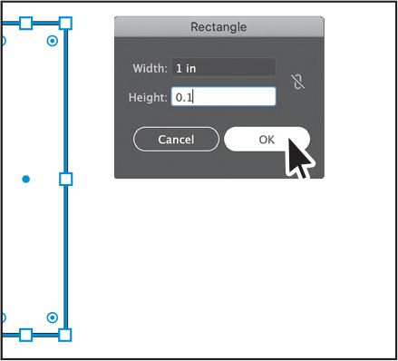 A screenshot shows the rectangle dialog box. The details given are as follows. Width, 1 inch. Height, 0.1 inches. The mouse pointer is placed on the OK button.