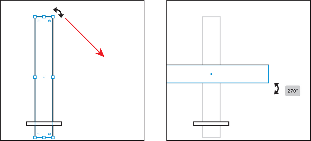 Two screenshots are shown. Screen 1 shows a two-way curved arrow placed above the larger rectangle. An arrow is drawn from the two-way arrow to the bottom-right. Screen 2 shows rotating the rectangle horizontally. The measurement label reads, 270 degrees.