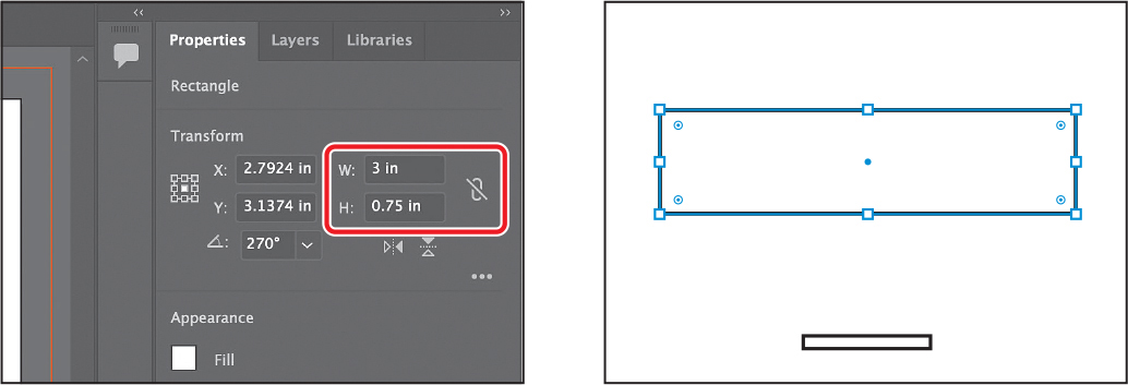 A screenshot shows the transform section of the properties panel. Width is given as 3 inches and height is given as 0.75 inches. An icon for deselect is placed to the right. The preview shows the larger rectangle placed above the smaller rectangle.