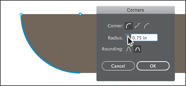 A screenshot shows the corners dialog box. The corner, radius, and rounding options are provided in the dialog box. O K and cancel buttons are placed at the bottom.