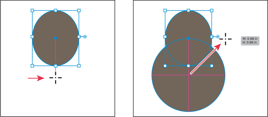 Two screenshots are shown. Screen 1 shows the ellipse and it is selected. The center point is marked and it is dragged down a little to make it as a circle. Screen 2 shows two circles. The smaller circle is placed above the larger circle. The smaller circle is selected. The measurement label reads, W, 0.98 inches, H, 0.98 inches.