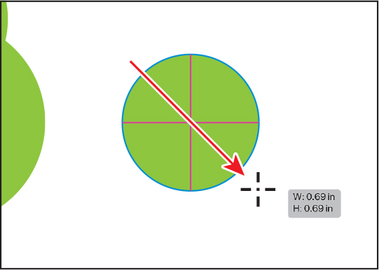A screenshot shows adding a circle to the right of the two circles. The measurement label reads, w, 0.7 inches, h, .7 inches.