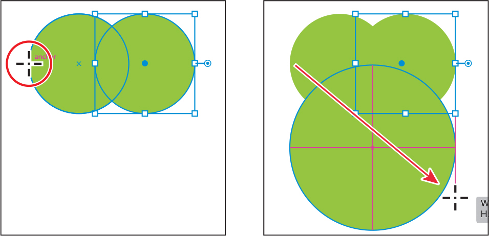 Two screenshots are shown. Screen 1 shows two circles overlapping a bit. The mouse pointer is placed on the left edge of the first circle. The second circle is selected. Screen 2 shows placing the two circles above the larger circle.