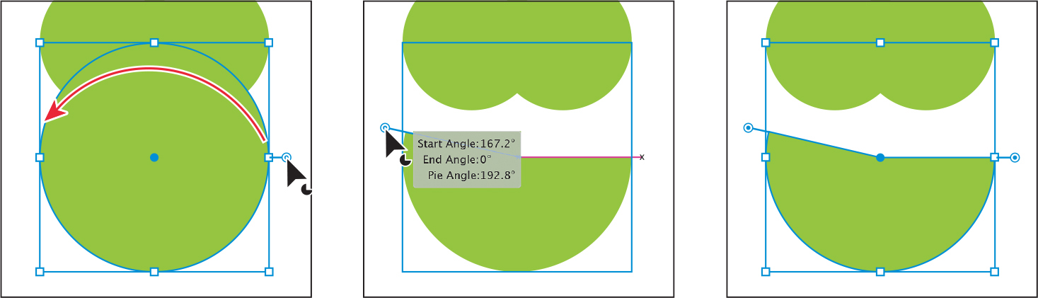 Three screenshots are shown. The first screen shows a pie widget is placed on the right edge of the larger circle. It is dragged around the top of the circle in a counterclockwise direction. In the second screen, another pie widget is placed on the left. The measurement label gives the details of start angle, end angle, and pie angle.