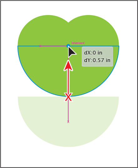 A screenshot shows dragging up the half of the ellipse and placed it on the second half of the smaller circles. The measurement label reads, d x , 0 inches, d y , 0.57 inches. The intersection line is labeled.