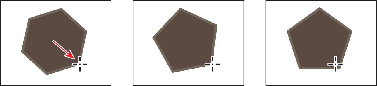 Three screenshots are shown. Screen 1 shows a polygon with six sides. The mouse pointer is placed over a lower corner of the polygon. Screen 2 shows a polygon with 5 sides. Screen 3 shows a polygon with 5 sides where the lower edge is straightened.