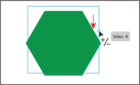 A screenshot shows a polygon with six sides. A side widget is placed at the right side of the polygon. A bounding box is placed at the right and it reads, sides, 6.