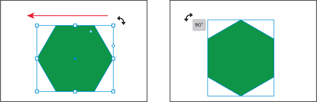 Two screenshots are shown. Screen 1 shows a polygon with six sides. The polygon is selected. A left arrow is placed above the polygon. A rotate arrow is placed on the right corner. Screen 2 shows the same polygon that is rotated 90 degrees to the left.