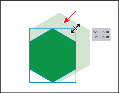 A screenshot shows moving the polygon toward the left while resizing it. The measurement label reads, W 0.55 inches and H 0.64 inches.