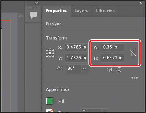 A screenshot shows the transform section of the properties panel. Width is given as 0.35 inches and height is given as 0.6471 inches. An icon for deselect is placed to the right.