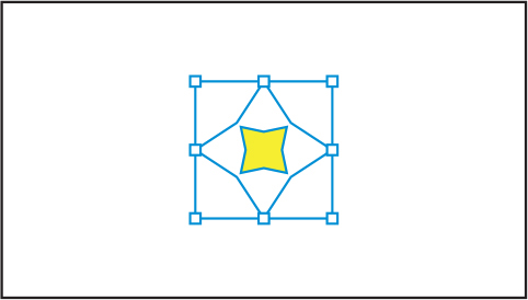 An art board shows two stars, one inside the other. The smaller star is inside the bigger star. The corner points of the smaller star touch the paths of the bigger star. The smaller star is colored yellow, while the bigger star is not filled with any color and remains white.