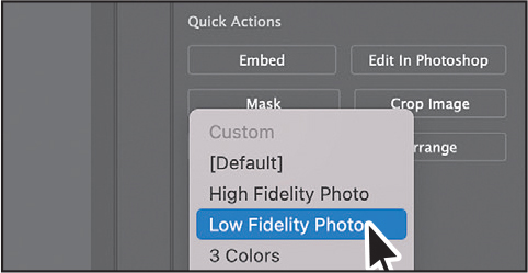 A screenshot shows the popup menu obtained on selecting the Image Trace button in the Properties panel. From the menu, the fourth option Low Fidelity Photo is selected.