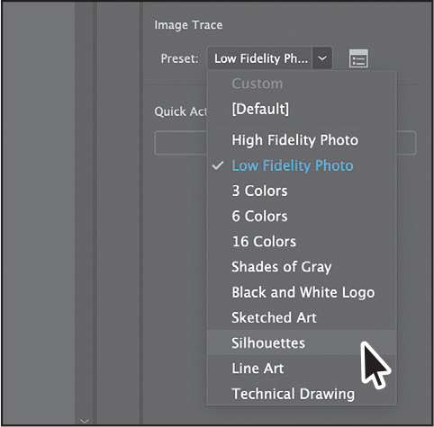 A screenshot shows the Preset field's drop-down menu from the Properties panel. From the drop-down, the eleventh option Silhouettes is selected.