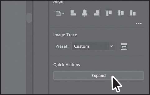 A screenshot shows the Expand button under the Quick Actions section below Image Trace.