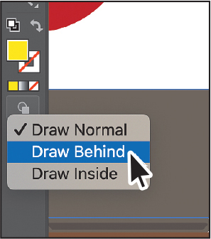 A screenshot depicts the action of selecting Draw Behind from the toolbar. By default, the first option Draw Normal is already selected.