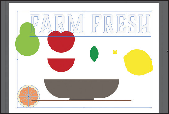 A screenshot shows all the necessary shapes assembled in the art board: the pear shape, apple shape, leaf shape, lemon shape, star shape, bowl, and the text FARM FRESH.