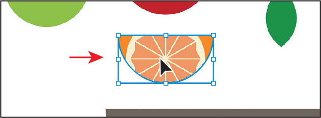 The orange pasted work created using the orange half-circle and the wheel-like shape overlapping it is selected as a single object, enclosed within a single bounding box.