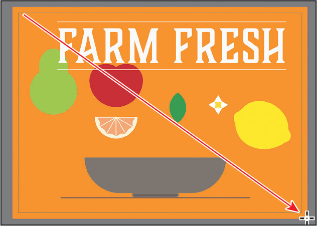 A screenshot shows an artwork that displays a fruit basket. A pear fruit, a lemon, an apple, a star shape, and an orange slice are placed above the fruit basket. The text above reads, Farm fresh.