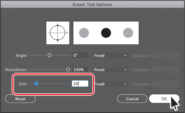 A screenshot of the Eraser Tool Options dialog box is shown.