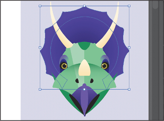 A screenshot shows a finished draft of the first dinosaur. The purple circle with the frill outline is at the back, the dome-like shape is at the front featuring two horns, eyes, and other facial features.
