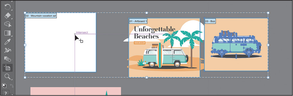 A screenshot shows an art board on the left with a text mountain vacation ad and two art boards on the right. The art boards are selected with the art board tool.