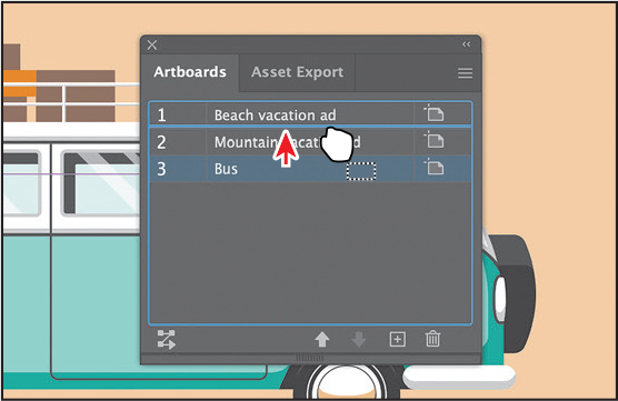 A screenshot displays a dialog box showing art boards and asset export. The bus art board is dragged up and a line is above the art board named mountain vacation ad. The mouse button is on top of it.