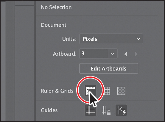 A screenshot displays the selection panel. The show ruler's button under rules and grids is highlighted for reference.