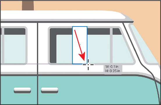 A screenshot displays an art board window. A small rectangle is in the middle of the front view of the van.