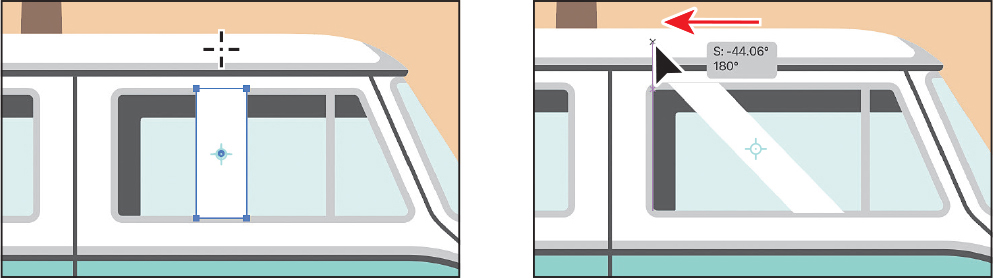 A screenshot on the left displays an art board window. A small rectangle is in the middle of the front view of the van is selected. The screenshot on the right displays an art board window. The selection tool is on the small rectangle slanted to the left.