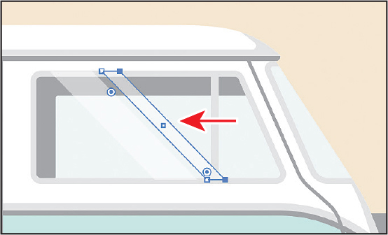 A screenshot displays an art board window of the van. The selected anchor points to the left and the rectangle appear narrower.