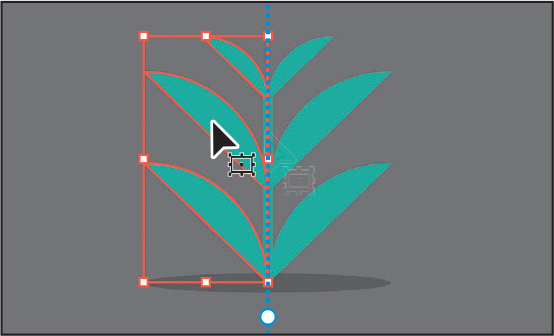 A screenshot displays a plant in an art board window. A vertical dashed line in the center forms a symmetric axis. The mirror image of the plant's leaves is on the right.