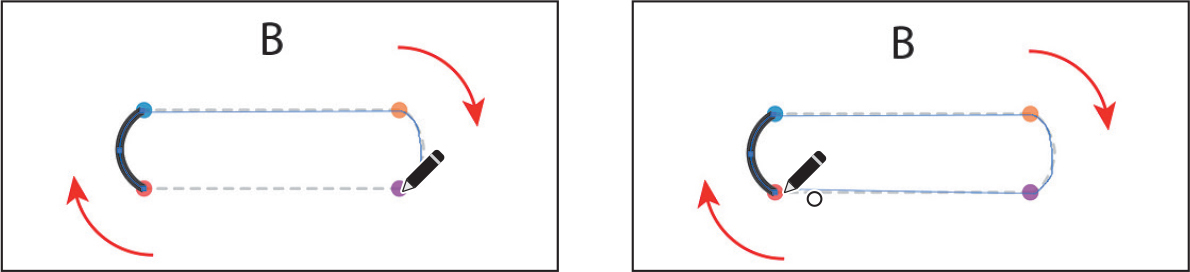 Two screenshots show one of the side of drawn rectangle overlapped by a solid line and pointer moves from bottom right to bottom left corner.