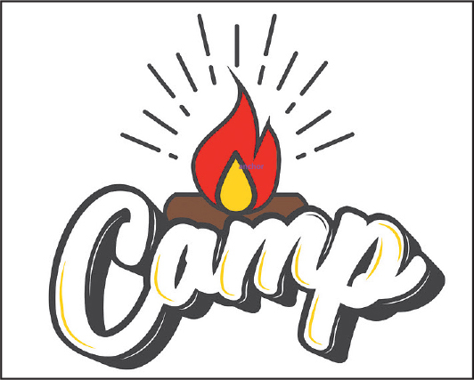 A screenshot of art board shows a completed logo artwork. The fire shape is with a central yellow shape aligned to the bottom. The text Camp is below the fire shape covering the remaining portion of the logo.