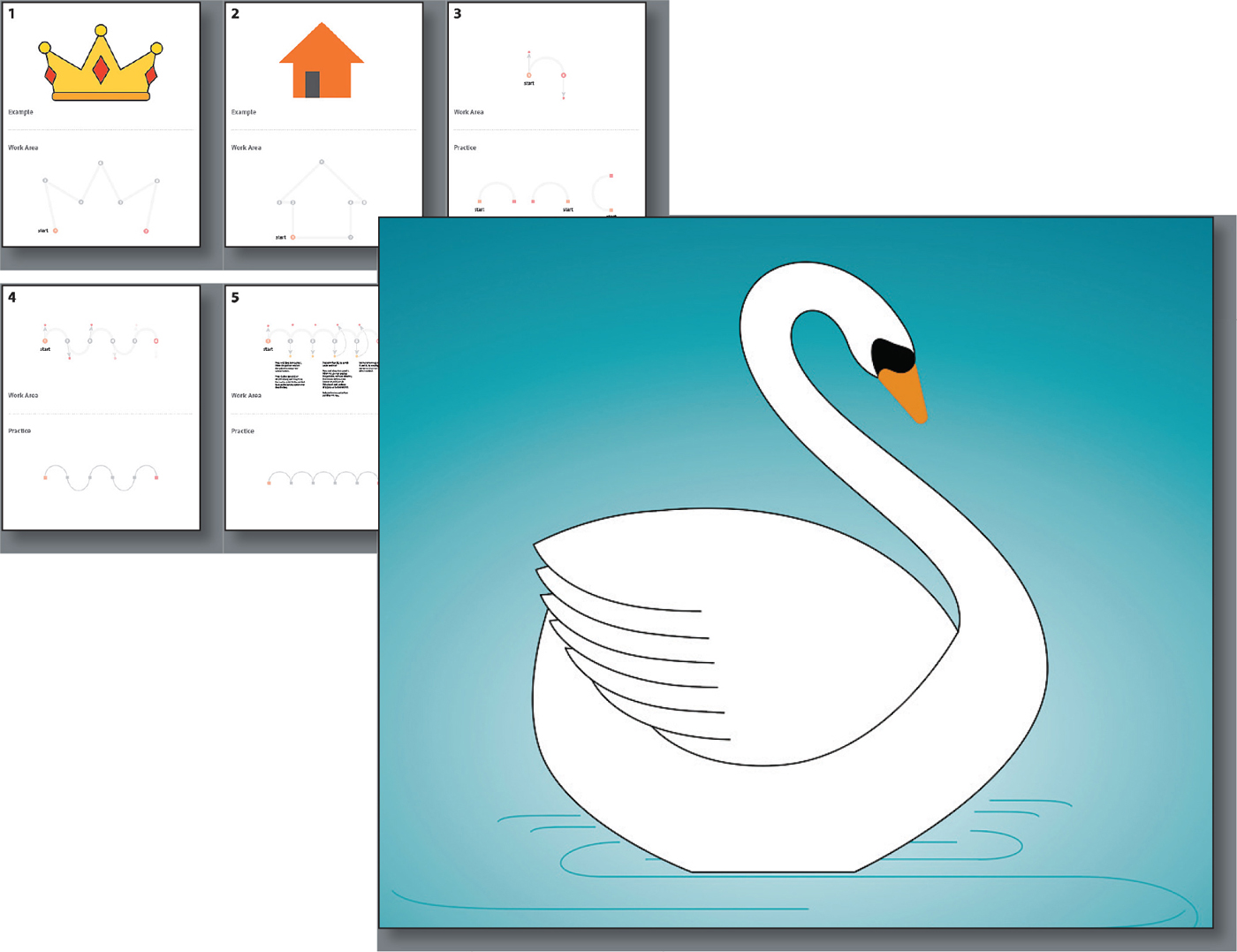 An artwork of a swan swimming in water. Five rectangles are placed behind it. The first rectangle has a crown picture in it. The second rectangle has a house picture in it.