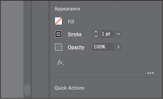 A screenshot shows the appearance settings from the properties panel. Under appearance, fill, stroke, and opacity are listed.