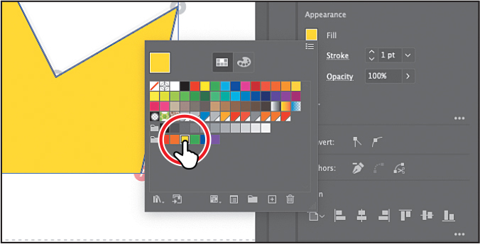 A screenshot shows the appearance settings in the properties panel. The fill color box is selected and it shows a color palette in which yellow is selected.