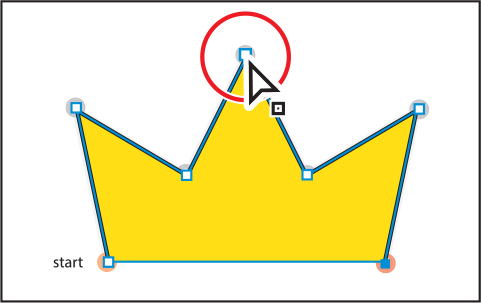 A screenshot shows an artwork of a crown. The crown is selected with anchor points. The fourth anchor point is highlighted.