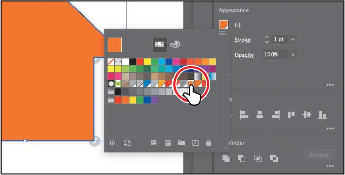 A screenshot shows the appearance section of the properties panel. The fill color box is selected to view the color palette. Red color is selected.