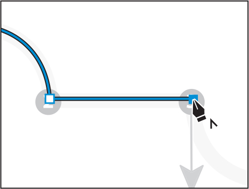 A screenshot shot shows a curved path followed by a straight path. The pen tool with convert tool icon is at anchor point 3. A straight path is shown from anchor point 2 to anchor point 3.