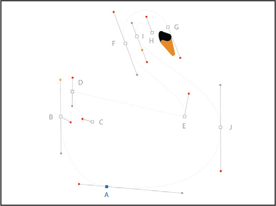 A screenshot shows an art board with anchor points marked in the form of a swan. The entire art board is made to fit in the window. Anchor points are labelled with letters A to J. Curved path and straight line paths are between the anchor points so as to form the swan shape.