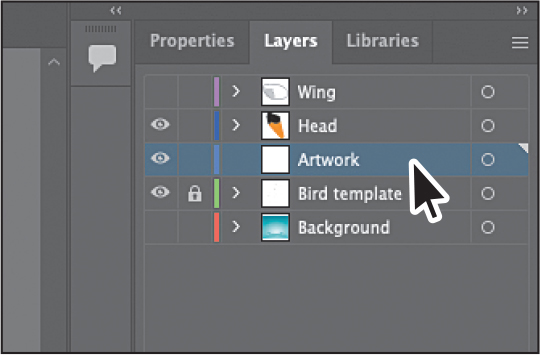 Screenshot of Layers panel to select a layer is shown. Below the tabs, the layers are listed. Each layer is with an eye icon to the left. The layer Artwork is selected.